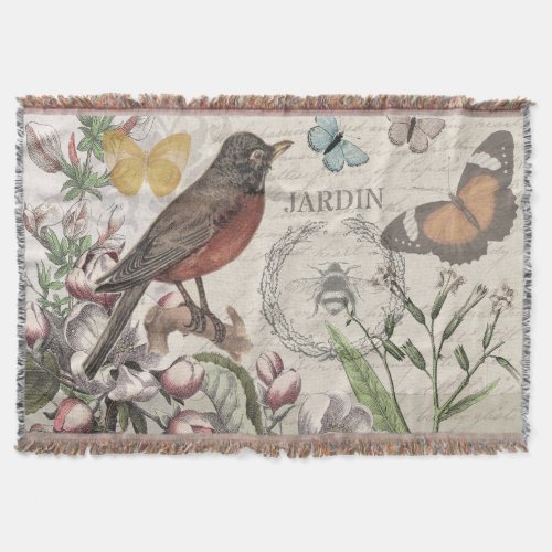 Robin Elegant Bird Butterfly French Art Throw Blanket