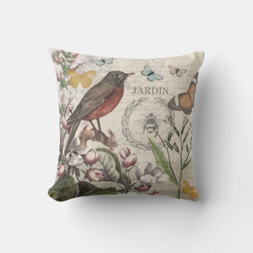 Robin Elegant Bird Butterfly French Art Throw Pillow