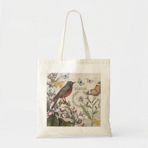 Robin Elegant Bird Butterfly French Art Tote Bag