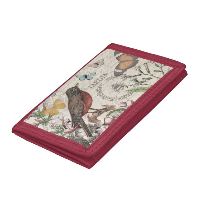 Robin Elegant Bird Butterfly French Art Trifold Wallet (Bottom)