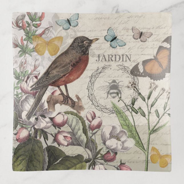 Robin Elegant Bird Butterfly French Art Trinket Tray (Front)