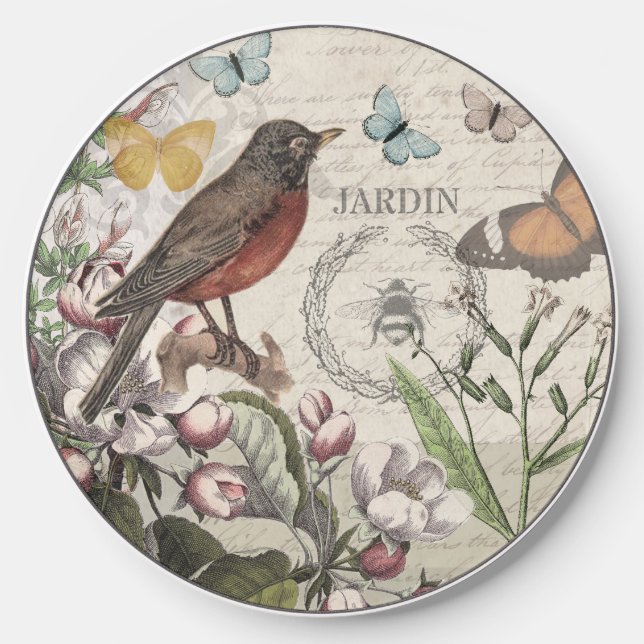 Robin Elegant Bird Butterfly French Art Wireless Charger (Front)