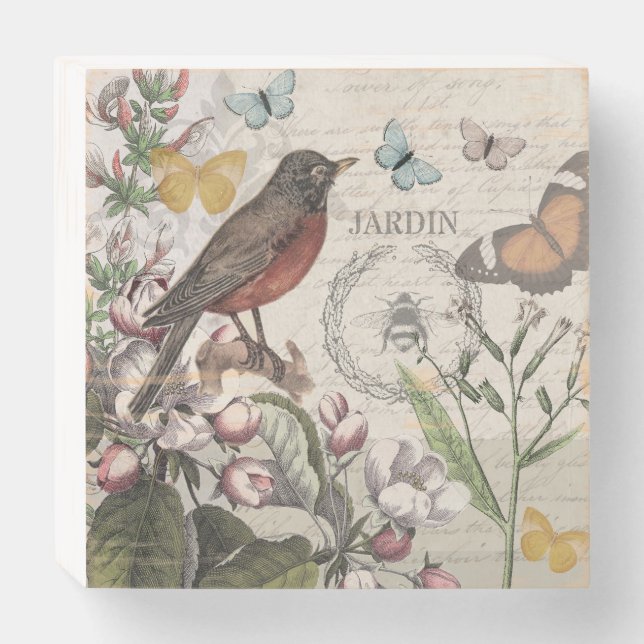 Robin Elegant Bird Butterfly French Art Wooden Box Sign (Front Horizontal)