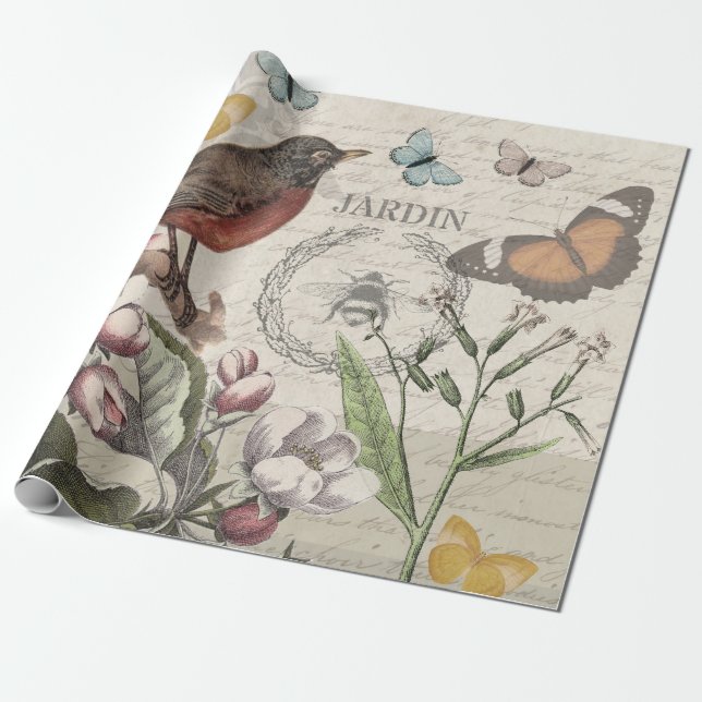 Robin Elegant Bird Butterfly French Art Wrapping Paper (Unrolled)