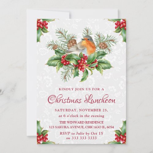 Robin  Holly and Winter Berry Christmas Luncheon Invitation