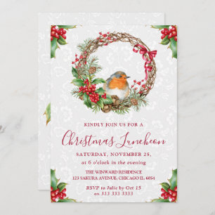 Robin & Holly Berry Wreath Christmas Luncheon Invitation