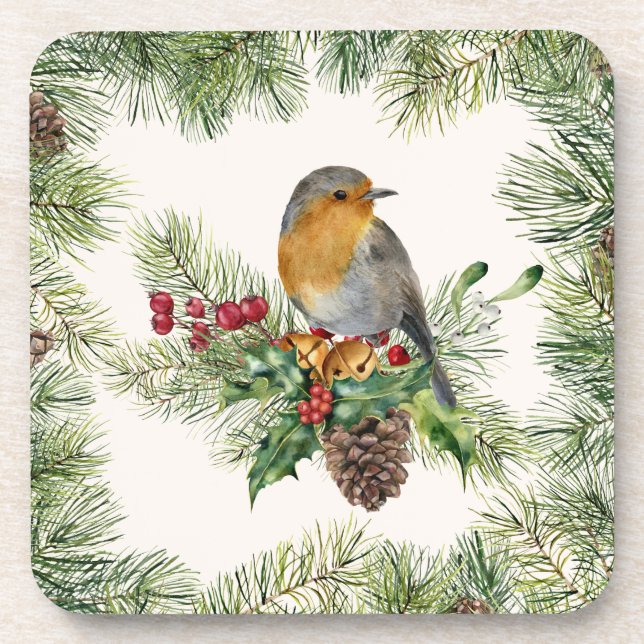 Robin, holly, pine Christmas Beverage Coaster (Front)