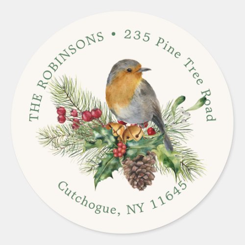 Robin holly pine Christmas return address label