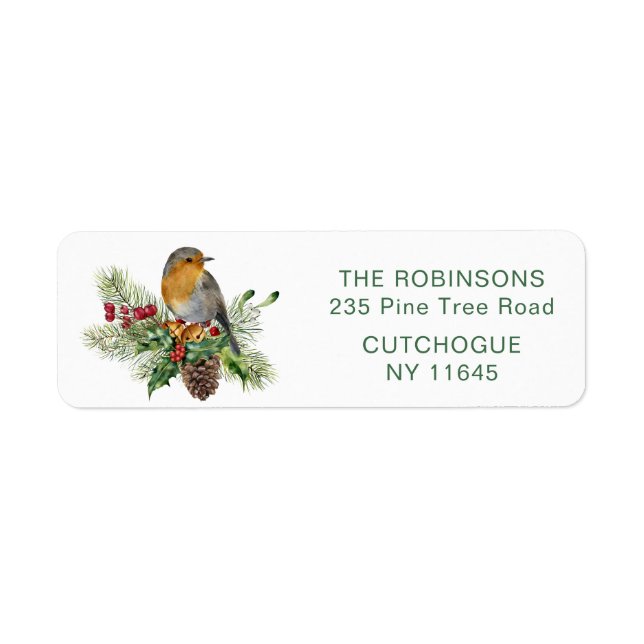 Robin, holly, pine Christmas return address label (Front)