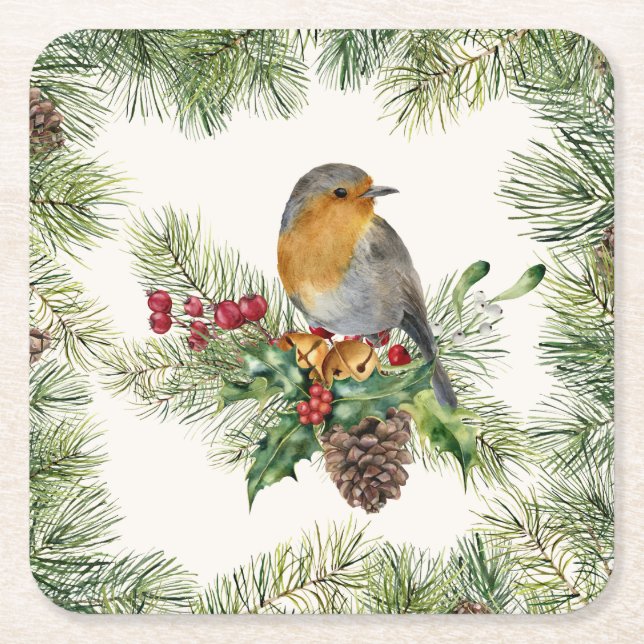 Robin, holly, pine Christmas Square Paper Coaster (Front)
