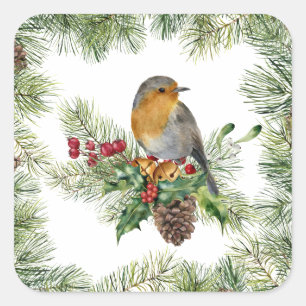 Robin, holly, pine Christmas Square Sticker