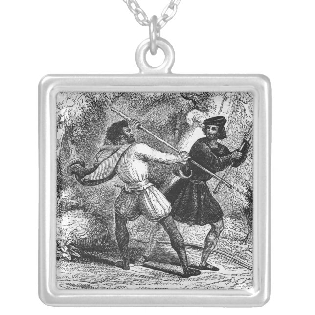 Robin Hood and the Tanner with Quarter-staffs Silver Plated Necklace (Front)