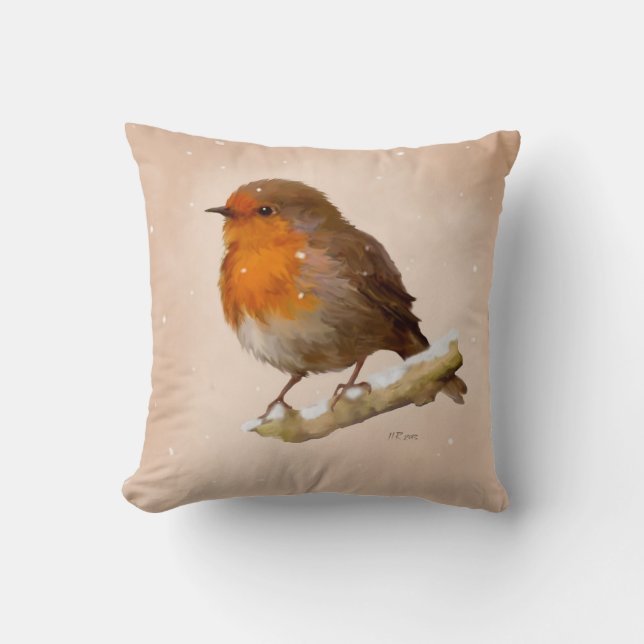 Robin in snow throw pillow (Front)