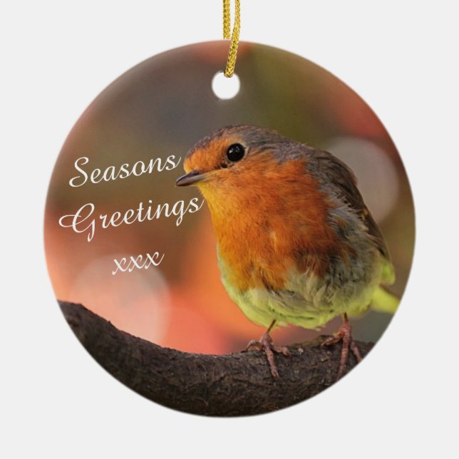 Robin in Tree Seasons Greetings Ceramic Ornament (Front)
