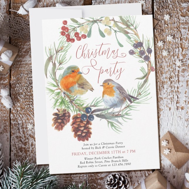 Robin Mistletoe and Pine Wreath Christmas Party Invitation (Creator Uploaded)