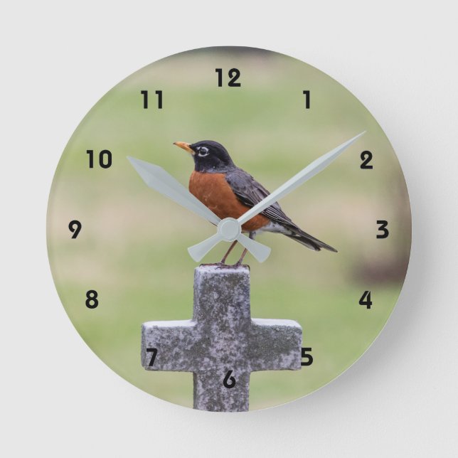 Robin on a Cross Round Clock (Front)