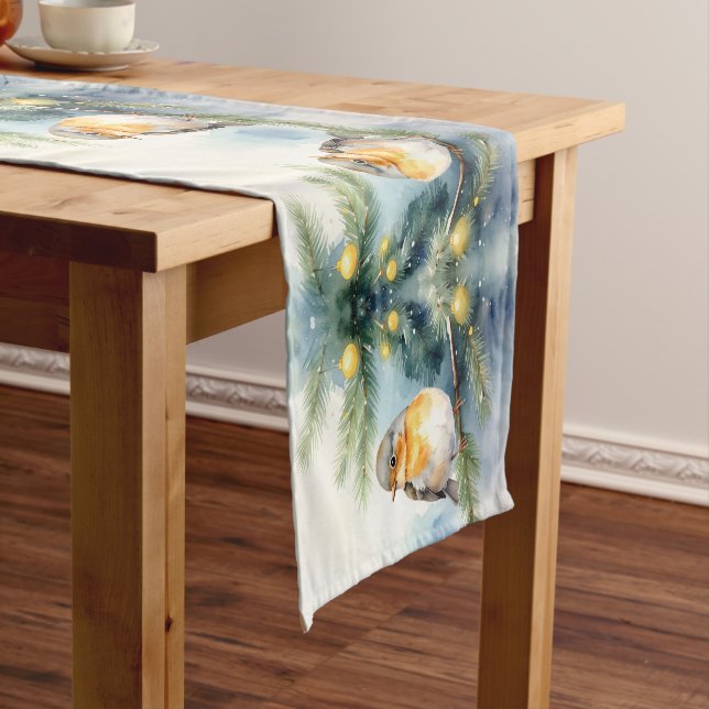 Robin on a Pine Branch Holiday Table Runner (In Situ)