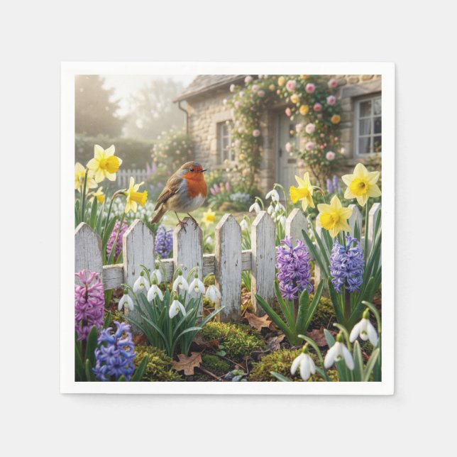 Robin On a Spring Garden Picket Fence Napkins (Front)