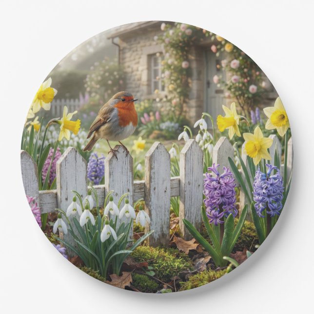 Robin On a Spring Garden Picket Fence Paper Plates (Front)