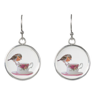 Robin on a teacup earrings