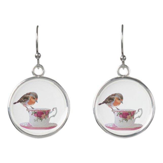 Robin on a teacup earrings (Front)