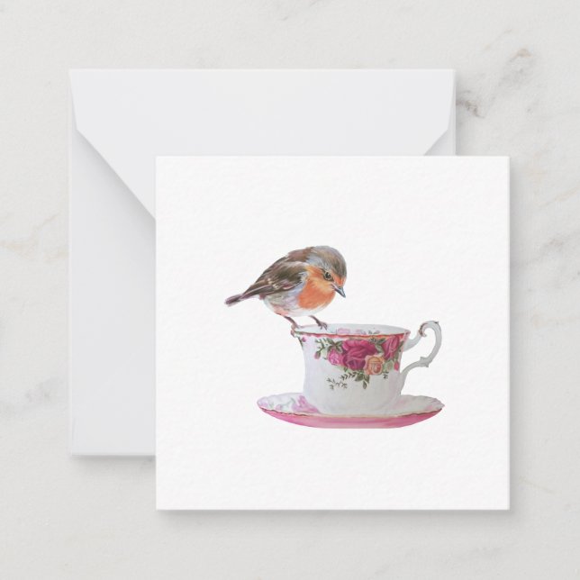 Robin on a Teacup Postcard Style Note Card (Front)