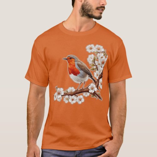 robin on a tree branch flowers T_Shirt