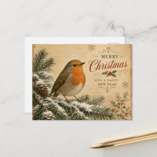 robin on a tree christmas postcard