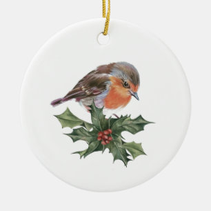 Robin on Holly  Ceramic Ornament