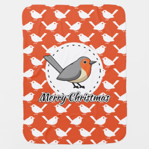 Robin on Orange White Bird Pattern - Merry Xmas Baby Blanket