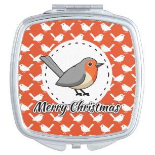Robin on Orange White Bird Pattern - Merry Xmas Compact Mirror