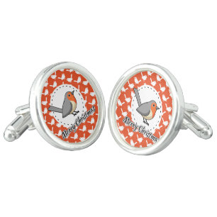 Robin on Orange White Bird Pattern - Merry Xmas Cufflinks