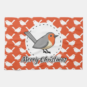 Robin on Orange White Bird Pattern - Merry Xmas Kitchen Towel