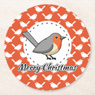 Robin on Orange White Bird Pattern - Merry Xmas Round Paper Coaster