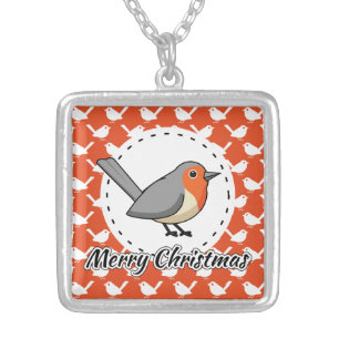 Robin on Orange White Bird Pattern - Merry Xmas Silver Plated Necklace