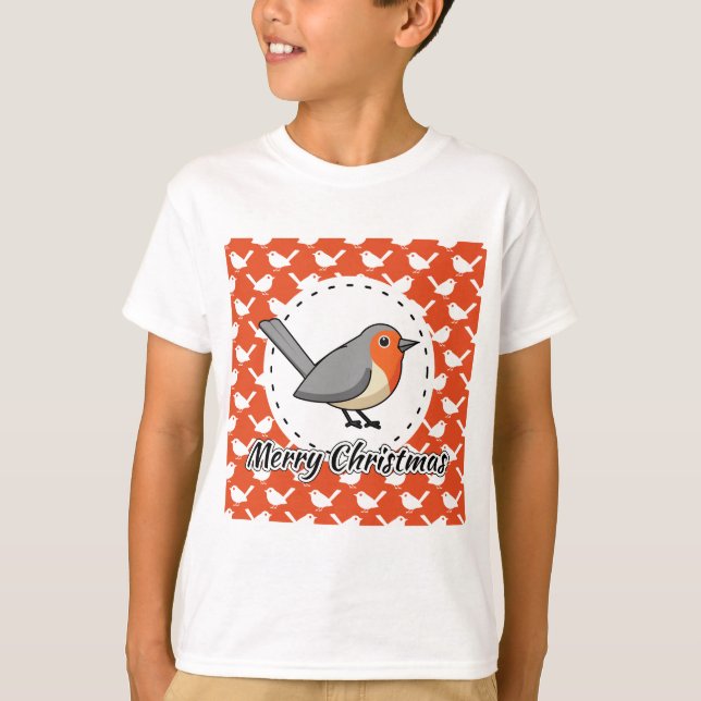 Robin on Orange White Bird Pattern - Merry Xmas T-Shirt (Front)