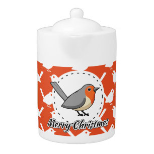 Robin on Orange White Bird Pattern - Merry Xmas Teapot