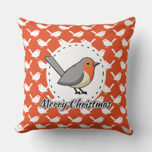 Robin on Orange White Bird Pattern - Merry Xmas Throw Pillow
