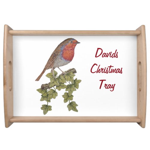 Robin perched on ivy leaf wild birds for christmas serving tray