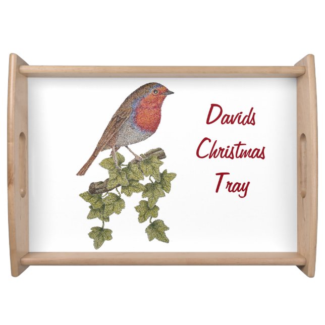 Robin perched on ivy leaf wild birds for christmas serving tray (Front)