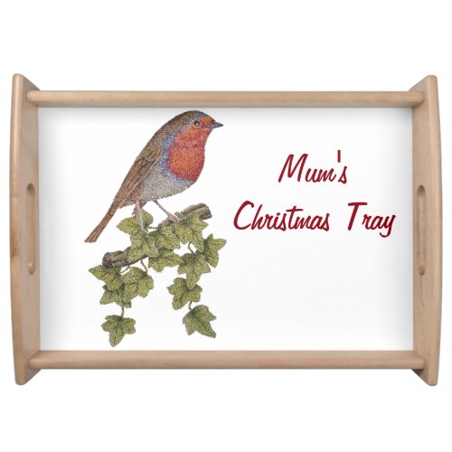 Robin perched on ivy leaf wild birds for christmas serving tray