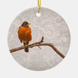 Robin Photo with Damask Swirl Design Ceramic Ornament