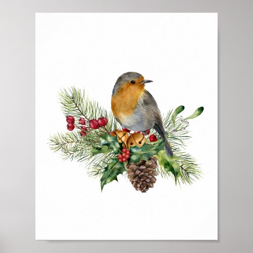Robin pine candy canes poinsettia Christmas Poster
