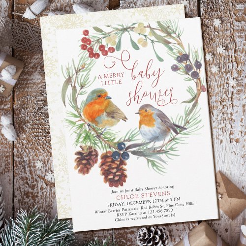 Robin Pine Cone Wreath Merry Little Baby Shower Invitation