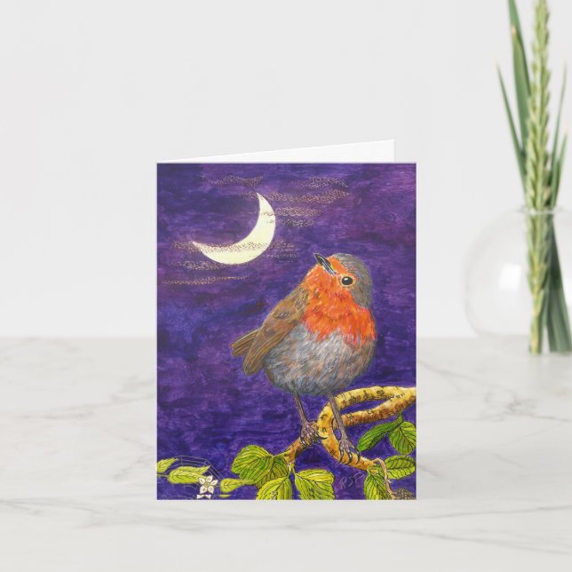 Robin pondering the Moon Christmas Card (Front)