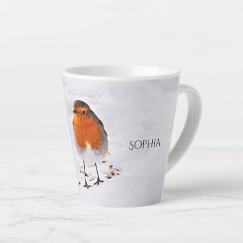 Robin Red Bird Snow Name Latte Mug by Nordic_designs at Zazzle