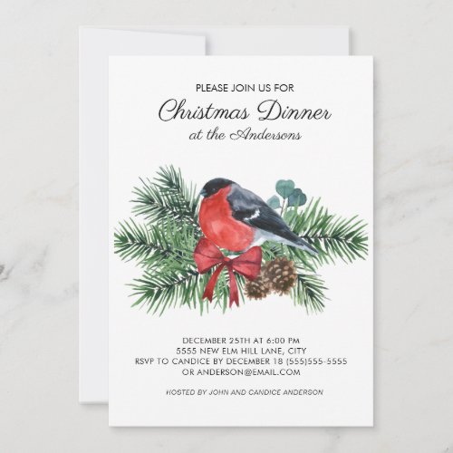 Robin Red Bird Winter Pine Trees Christmas Dinner  Invitation