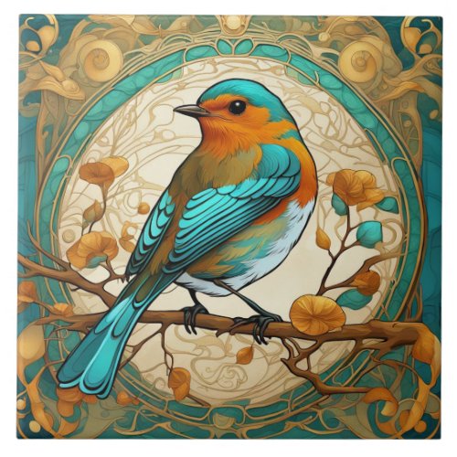 Robin Red Breast Bird Art Nouveau Art Deco Mint Ceramic Tile