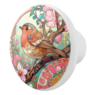 Robin Red Breast Bird Pink Floral Spring Flowers Ceramic Knob