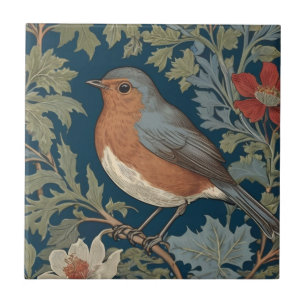 Robin Red Breast Bird William Morris style Left Ceramic Tile